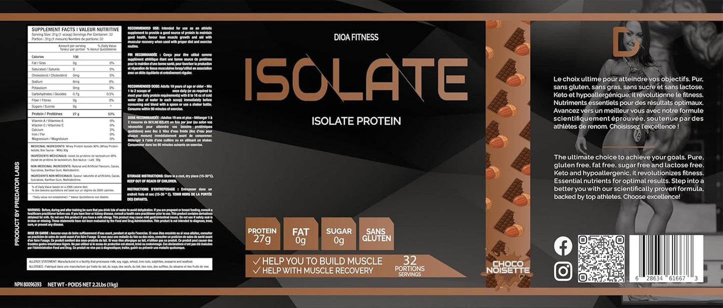 DIOA Fitness - Isolate 1Kg - Whey Protein Isolate, 32 Servings (Choco Hazlenut)